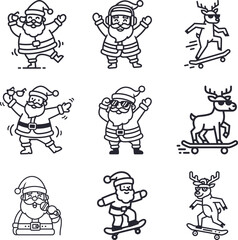 Outline Santa Claus Cartoon Character Set: Singing, Dancing, Driving Vector Icon