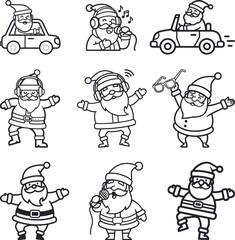 Outline Santa Claus Cartoon Character Set: Singing, Dancing, Driving Vector Icon