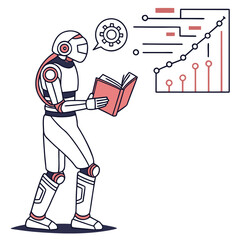 Humans and Robots Collaborating in a Modern Office Workplace. Vector Illustrations. 