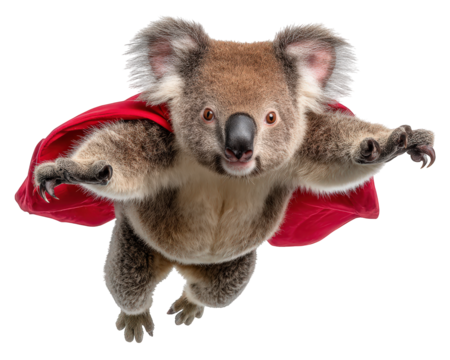 Playful superhero koala animal character flying with powerful red hero cape. This happy and determined creature soars, symbol of strength and whimsical courage