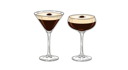 Elegant Hand-Drawn Espresso Martini Illustration with Coffee Bean Garnish on a Clear Background