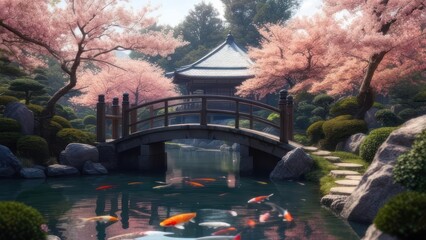 Serene Japanese garden with koi