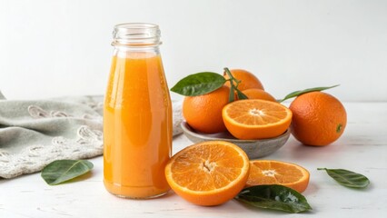Orange juice in glass bottle with fresh oranges citrus