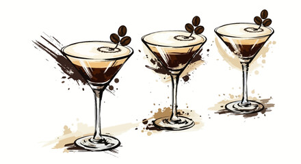 Espresso martini trio with stylized watercolor splash effect enhancing the cocktail art