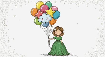 Enchanting whimsical illustration of a girl in a green dress holding colorful balloons with a