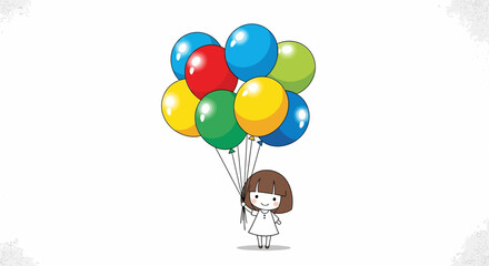 Whimsical Cartoon Illustration: A Little Girl's Joyful Journey with Colorful Balloons