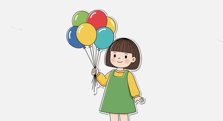 A cute cartoon girl holding a bunch of colorful balloons is feeling happy and cheerful