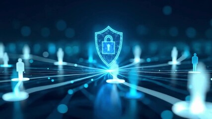 Cybersecurity network protection animation with glowing digital shield and connected people icons, symbolizing data privacy, secure communication, and ai technology background video - Powered by Adobe