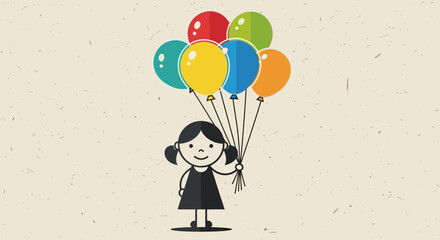Cartoon girl holding colorful balloons, simple joyful illustration for festive moments, parties