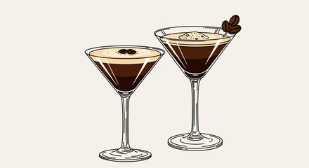 Elegant espresso martini sketch illustration depicting two stylish cocktail glasses beautifully