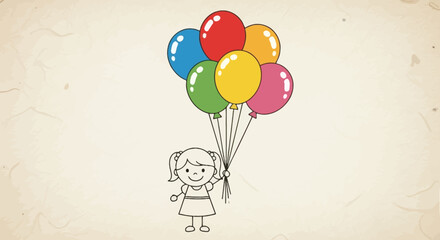 Little girl with a colorful balloon bouquet in a whimsical sketch art style drawing filled with