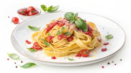 Tagliatelle pasta with tomato sauce and basil on white plate