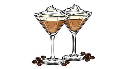 Illustration featuring two coffee cocktails with whipped cream and scattered coffee beans on a