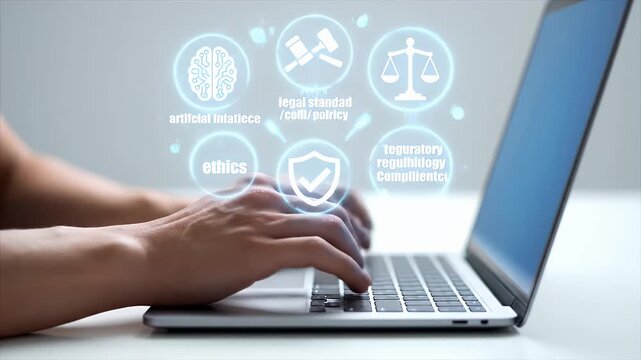 Person Typing on Silver Laptop with Compliance Icons on White Background under Bright Lighting and Focus on Hands, Computer and Ethics Symbols