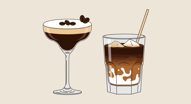 Elegant espresso martini and iced coffee illustration with creamy textures and stylish presentation