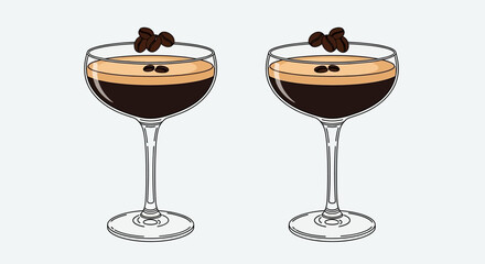 Double delight: Two espresso martinis adorned with coffee beans in elegant glasses