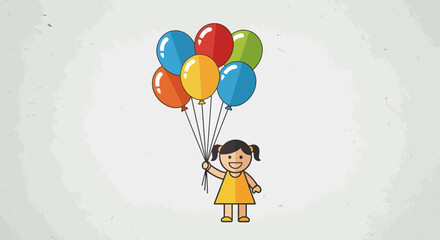 Cheerful cartoon of a little girl holding colorful balloons, celebrating a birthday or special event