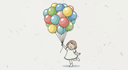 A whimsical illustration of a girl joyfully holding a large bunch of colorful balloons