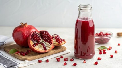 Pomegranate juice in glass bottle with fresh fruit
