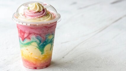 Rainbow protein shake with whipped cream in clear cup