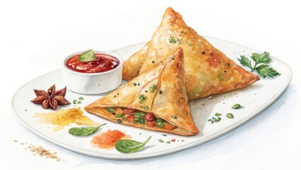Watercolor samosas with dipping sauce and spices on white plate