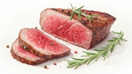 Watercolor roast beef with rosemary and peppercorns