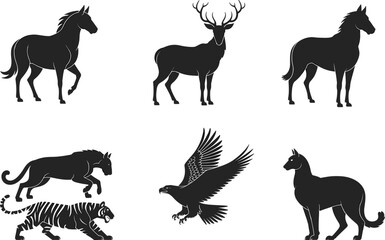 Wild animal silhouettes collection, horse, deer, tiger, eagle, panther, wolf, wildlife illustration, nature creatures, vector design