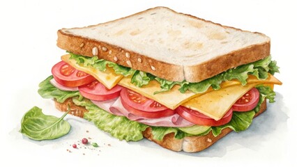 Watercolor Sandwich with Ham Cheese and Tomato food