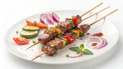 Grilled meat skewers with vegetables on white plate