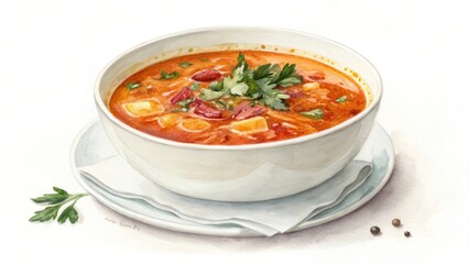 Watercolor soup with parsley and peppercorns on white