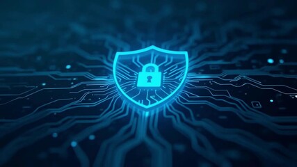 Futuristic cybersecurity shield animation with glowing digital lock and circuit connections, representing ai data protection, network encryption, and cyber defense technology video - Powered by Adobe