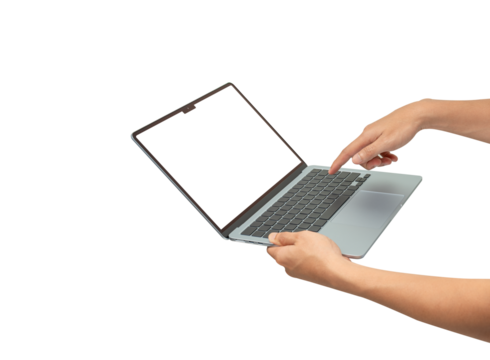 A person's hands holding and using a modern, thin silver laptop with a blank white screen (mockup). Isolated on a white background, emphasizing technology, online work, digital communication, and port