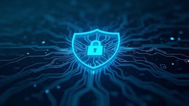 Futuristic cybersecurity shield animation with glowing digital lock and circuit connections, representing ai data protection, network encryption, and cyber defense technology video - Powered by Adobe