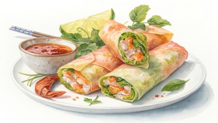 Watercolor spring rolls with dipping sauce and lime