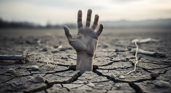Desperate hand reaching out from dry cracked earth desperate plea