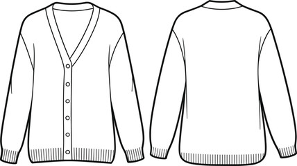 Women’s cardigan sweater flat sketch with buttons, long sleeve knitwear apparel illustration, casual winter fashion clothing design, stylish outerwear garment drawing