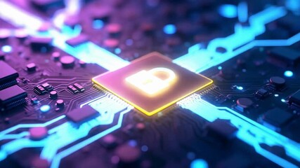 Cybersecurity data protection microchip animation with glowing lock symbol, futuristic digital encryption system, and ai technology network – abstract cyber defense background video - Powered by Adobe