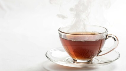 Hot tea in clear glass cup with steam on white background