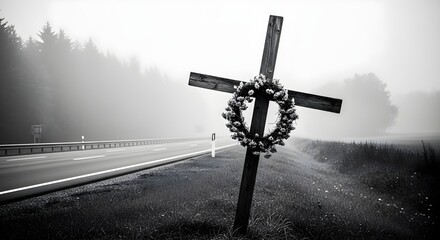 Somber roadside memorial cross with a wreath in a foggy landscape, symbolizing the tragic loss of road traffic victims on a desolate highway
