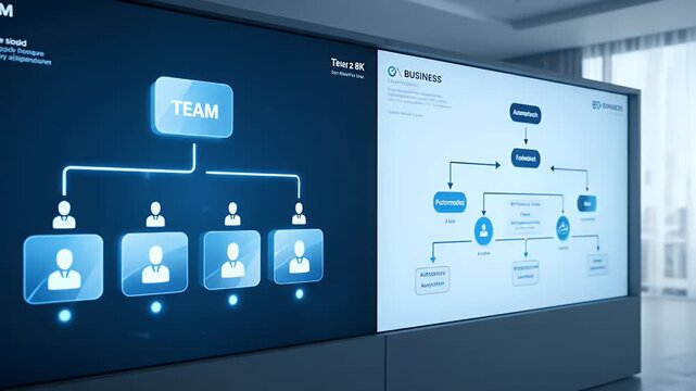 Illuminated Organization Charts on Display Screens in a Modern Office Space with Blue Tones and Clean Lines Displaying Team Structure and Workflow Diagram