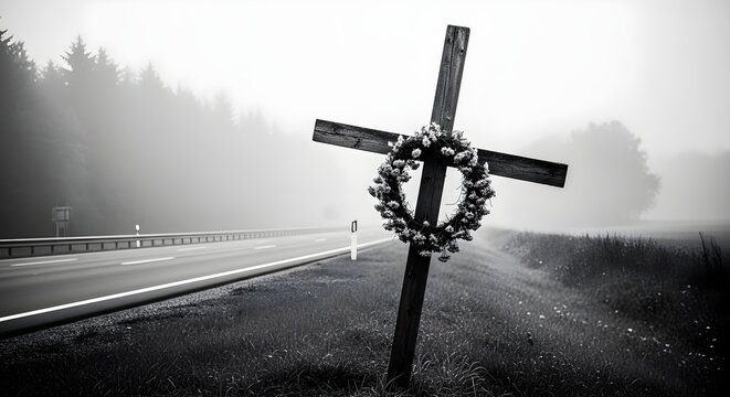 Somber roadside memorial cross with a wreath in a foggy landscape, symbolizing the tragic loss of road traffic victims on a desolate highway
