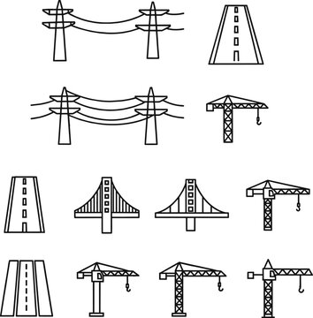 Line Art Vector Icon Collection of City Infrastructure and Urban Development Elements.