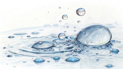 Water drops and ripples on white background liquid