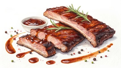Watercolor B Q Ribs with Rosemary and Sauce bbq ribs