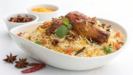 Chicken Biryani in White Bowl with Spices rice food