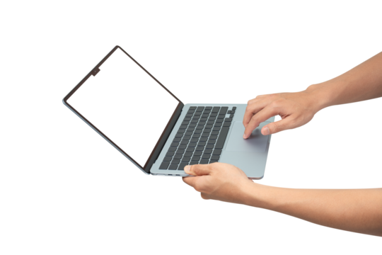 A person's hands holding and using a modern, thin silver laptop with a blank white screen (mockup). Isolated on a white background, emphasizing technology, online work, digital communication, and port