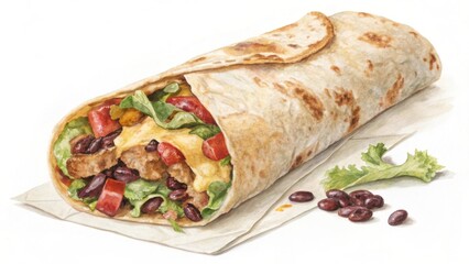 Watercolor burrito with beans lettuce and tomatoes