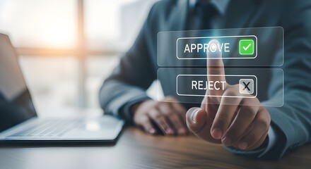 Businessmans finger touching a virtual screen to approve a decision with a green checkmark, symbolizing agreement and confirmation in business