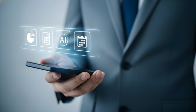 Businessman holding a smartphone with digital icons representing analytics, calculator, ai and calendar floating above