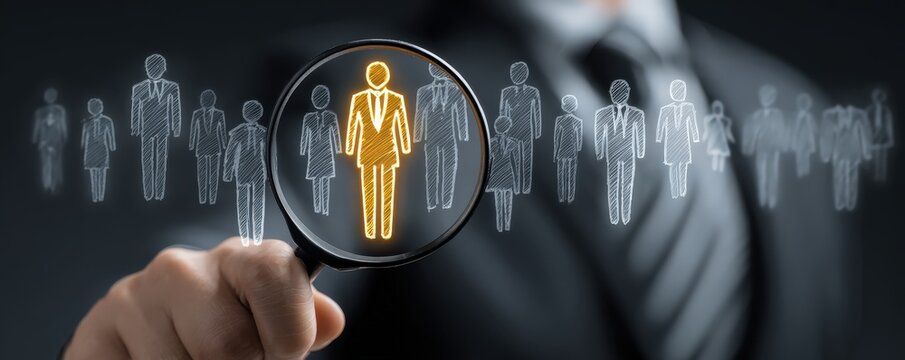 A business professional uses a magnifying glass to highlight one individual among many, symbolizing focus and selection in recruitment or talent management.